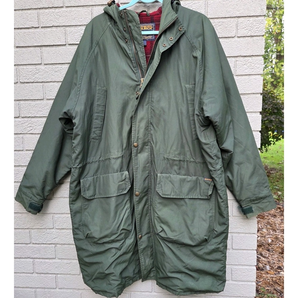 Vintage 80s 90s Woolrich John Rich & Bros Green Parka Coat Red Plaid Lining XL